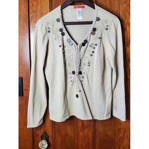 Vintage Anne Klein Beige V-Neck Embellished Long Sleeve Top Women's M